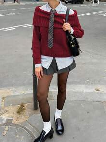 New Women's Fashion Wedding Solid Colour Casual Long Sleeve Folded Sexy Strapless One Neck Design Pullover Sweater - Red - View 6