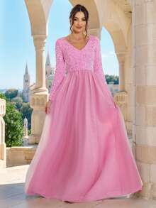 Romagic Váy dạ hội đính sequin lãng mạn, váy maxi chữ A, váy lưới chắp vá màu hồng, váy dự tiệc cưới cổ chữ V tay dài - Hồng - Xem 1