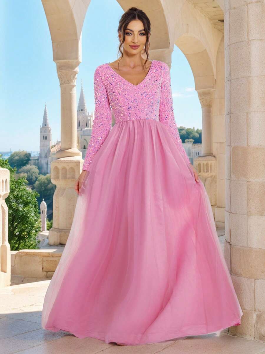 Romagic Váy dạ hội đính sequin lãng mạn, váy maxi chữ A, váy lưới chắp vá màu hồng, váy dự tiệc cưới cổ chữ V tay dài - Hồng - Xem 1
