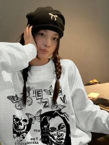 Women Vintage Portrait & Letter Print Crew Neck Sweatshirt, Casual Loose Fit Long Sleeve Top, Suitable For Spring And Autumn - Gray - View 3