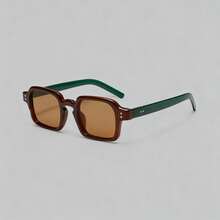 1pc Brown Frame Green Leg Square Fashion Glasses, Caramel Brown Frame With Olive Green Legs And Light Brown Lenses, Metal Rivet Decor, Wide Square Frame Vintage Bicolor Style, Casual Chic Daily Wear Unisex Fashion Eyewear