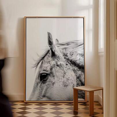 1 pieza Impresión artística de caballo moteado sin marco, fotografía etérea en blanco y negro de un equino, decoración de pared de mustang occidental para dormitorio, sala de estar o dormitorio | Decoración de habitación, impresiones para pared, decoración vintage, artículos esenciales para dormitorio