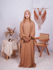 Women's Hooded Prayer Dress Long Sleeve Regular Sleeve Long Length Tassel Detail Woven Fabric Non-Stretch - Camel - View 7