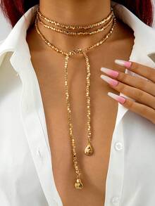 1pc Hiphop Asymmetrical Faux Pearl Beaded Chain Necklace For Women, Suitable For Everyday Wear, Party, Vacation As Jewelry Gift In Autumn/Winter - Gold - View 2