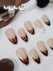 10 piezas de uñas postizas otoñales, elegantes puntas francesas ámbar, de aspecto natural y minimalista nórdico, de cobertura completa en forma de almendra, estilo europeo hecho a mano, succinita negro y blanco, kit de uñas acrílicas de estampado clásico de leopardo ámbar para uso diario de mujeres y niñas, incluye 1 lima de uñas mini y 1 hoja de pegatinas adhesivas, adecuado para uso diario, ocio, vacaciones, trabajo, festividades, imprescindible en otoño e invierno, el mejor regalo para mujeres y niñas - Marrón - Ver 5