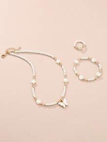 NAIZHU Set de 3 piezas de joyería de collar, anillo y pulsera con diseño de mariposa y flor, elegante, dulce y lindo para mujeres - Multicolor - Ver 5
