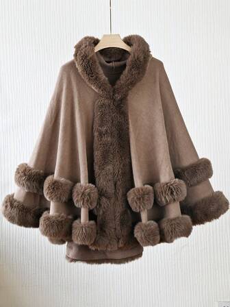 1 st elegant enfärgad fuskkaninpälskrage med huva och stickad kappa för kvinnor, moderiktig mångsidig tjock varm lös kofta kappa ytterkläder lämplig för dagligt bruk, höst/vinter