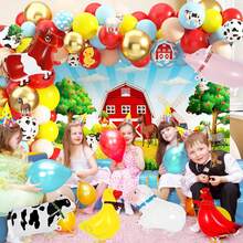 116件套农场动物主题气球拱门套装，包含奶牛、散养鸡和鸭子的铝箔气球，以及印有红色、黄色、蓝色、金色、奶牛和云朵图案的乳胶气球。非常适合生日派对、婴儿派对装饰、谷仓装饰、一周岁生日派对和卡通农场主题派对用品。 - 彩色 - 查看 5