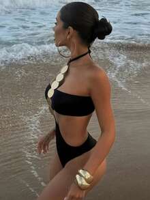 1 件女式性感亮片装饰露背连体泳衣