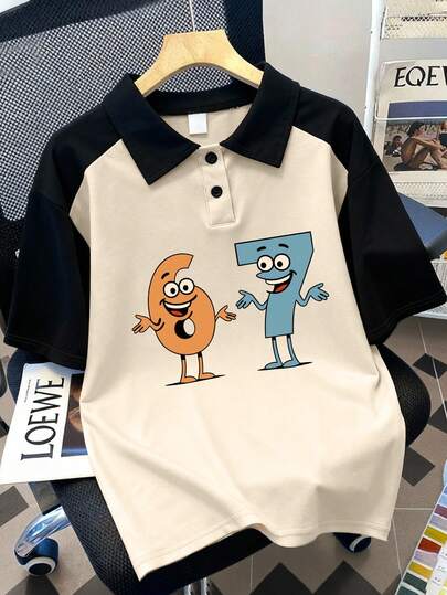 Camisa polo informal de manga corta con contraste de números 6 y 7 de dibujos animados para niño preadolescente, adecuada para uso escolar y al aire libre en primavera/verano