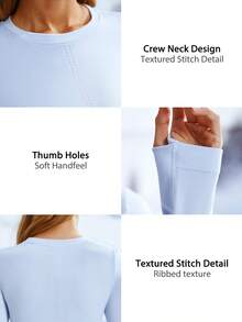 Leorrey 1pc Women Round Neck Ribbed Slim Fit Outdoor Fitness Workout Running Yoga Skiing Long Sleeve Ski Jacket - Baby Blue - View 6