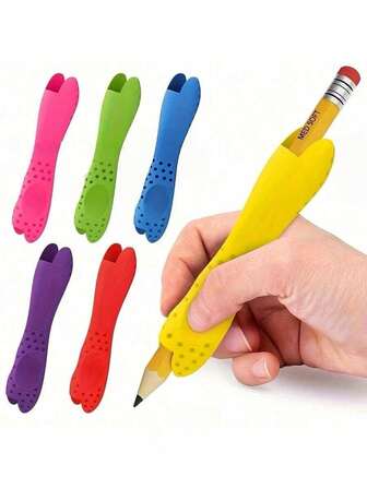 二合一人体工学书写辅助工具及姿势矫正器 - 双头握柄，带触觉反馈，6种鲜艳颜色（粉色、绿色、蓝色、紫色、红色、黄色）/成人初学者适用，增强握笔控制力及书写/绘画技巧，兼容钢笔及美术工具，改善书写，握感舒适，触感柔软，设计灵活，是一款学习工具