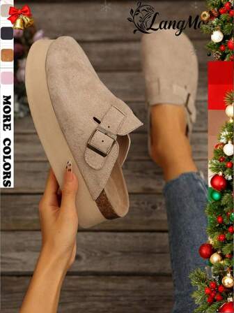 2025 Autumn/Winter New Arrival Beige Super Light Thick Flat Soft Bottom Soft Sole Beach Outdoor Home Increase Height Women's Sandals, Fashion Buckle Closed Toe Style Wooden Clogs Women Summer Casual Mules Thick Sole Lightweight Comfortable Vacation
