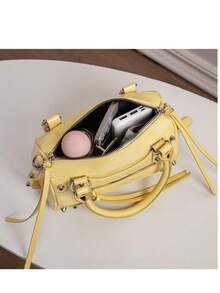1pc Fashionable Coffee Color Patchwork Rivet, Embedded Metal Rivet, Embedded Dual Handle Adjustable Long Shoulder Strap Design, Fashionable Retro Sweet Cool Style Motorcycle Bag, Women's Handbag, Casual Low-Key Luxury Style, Women's Crossbody Bag, Suitable For Daily Outings And Shopping - Yellow - View 5