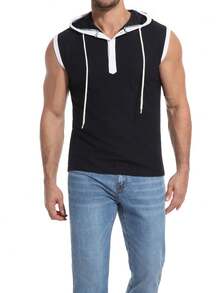 Men's Sleeveless Hooded Polo - Style Tank Top - Black With White Trim. Ideal For Summer Casual And Athletic Wear - Black - View 3