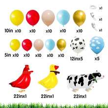 116件套农场动物主题气球拱门套装，包含奶牛、散养鸡和鸭子的铝箔气球，以及印有红色、黄色、蓝色、金色、奶牛和云朵图案的乳胶气球。非常适合生日派对、婴儿派对装饰、谷仓装饰、一周岁生日派对和卡通农场主题派对用品。 - 彩色 - 查看 3
