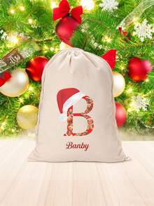 1 Piece. Customizable Gingerbread Santa Canvas Bag With Initials - Large Capacity, Lightweight Christmas Gift Bag With Drawstring And Rope Handle - Perfect For Parties And Holiday Decorations, Christmas Ornaments, Travel Essentials, Christmas Gifts, Christmas, Valentine's Day. - Beige - View 6