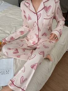 两件套女士粉色睡衣套装，可爱长袖纽扣衬衫配长裤 - 粉色 - 查看 5