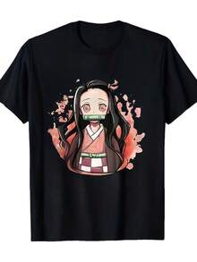 A Casual Printed Round Neck Pullover Short Sleeved T-Shirt Nezuko Kid Slayers Anime Manga Demon Ladies' Crewneck T-Shirt T-Shirts Bring Joy And Happiness To Every Child - Đen 1 - Xem 10