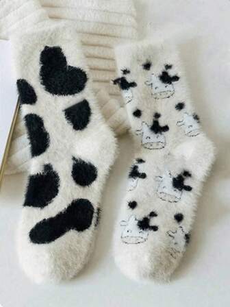 4 pares de calcetines de felpa suaves y cómodos con estampado de vaca, calcetines de lana coral gruesos, medias y calcetines de seda para mujer, adecuados para uso diario, Navidad, calidez del hogar en invierno (4/2/1 par)