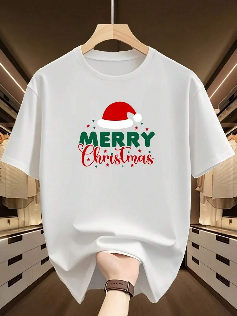 Men's Navy Blue Christmas T-Shirt with Red Green White Golden Merry Print & Santa Hat Design - Soft Round Neck Short Sleeve Casual Holiday Party Shirt, Machine Washable Summer Wear for Xmas Outfits