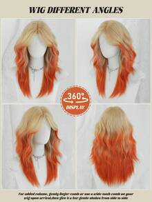 Peluca de 20 pulgadas con degradado de púrpura a amarillo y naranja, con ondas esponjosas y flequillo, de fibra sintética, para uso en festivales de música, fiestas, Halloween y disfraces, accesorio de moda versátil - Naranja - Ver 5