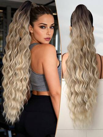 Claw Shaped Ponytail Extension Hair Accessory Gradient Brown 28 Inch Water Ripple Heat-Resistant Fiber Synthetic Ponytail Wig, Suitable For Christmas, Halloween Parties And Daily Use