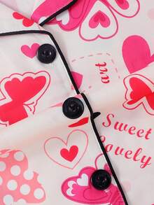 2件套女童及青少年休闲蝴蝶爱心印花翻领长袖开衫和长裤睡衣套装，阻燃，四季皆宜