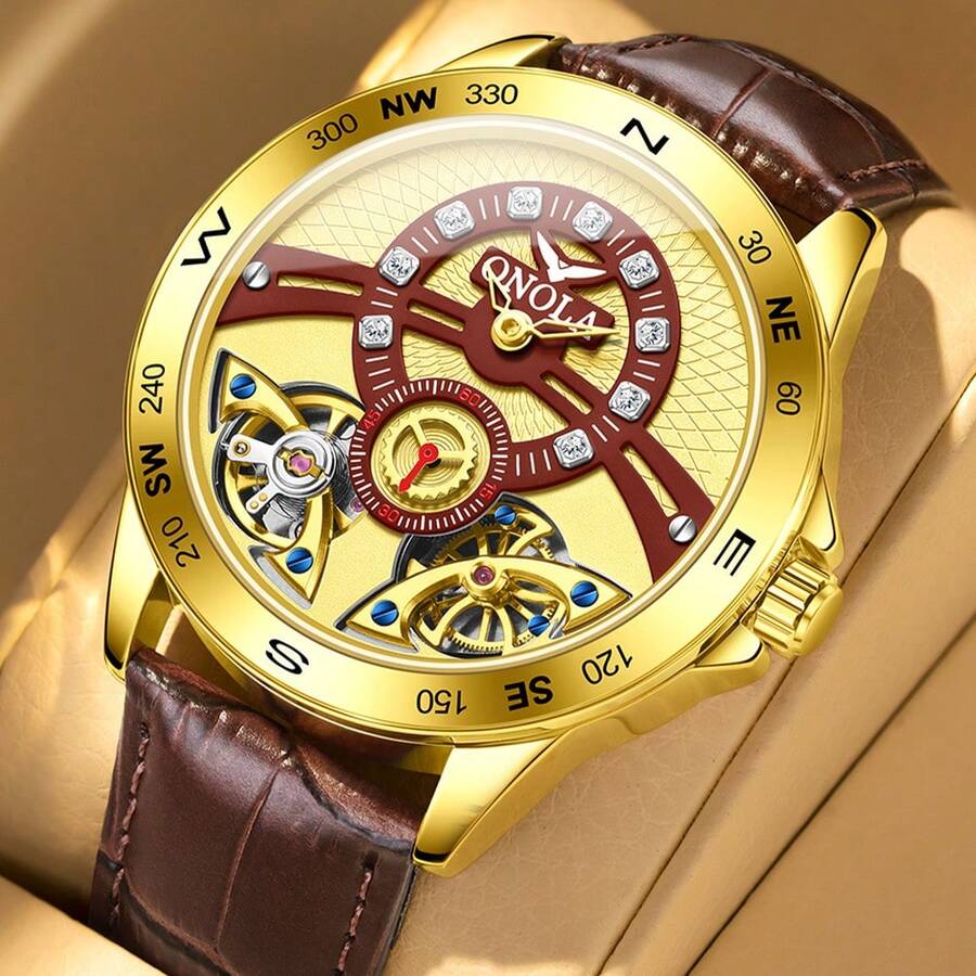 Reloj de hombre ONOLA de diseño de lujo casual con caja dorada, correa de cuero marrón, reloj mecánico de esqueleto de marca de lujo con doble rueda volante en el dial