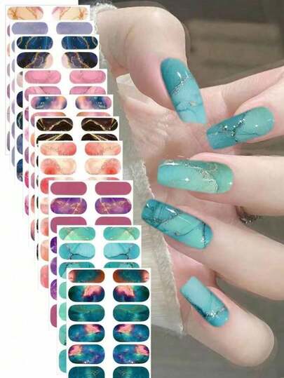 10 ark marmorerade nagelklistermärken - Självhäftande nagelklistermärken för kvinnor och flickor, engångs nagellacksremsor med heltäckande effekt, gör-det-själv-nagelkonst