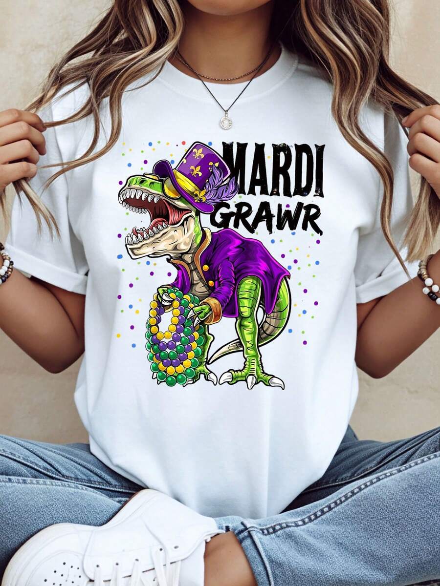 Mardi Gras Dinosaur T Rex Costume Shirt Carnival Party Wear Fun Graphic Tee For Women And Men Festive Mardi Gras Celebration Apparel,220g - 白色 - 查看 1