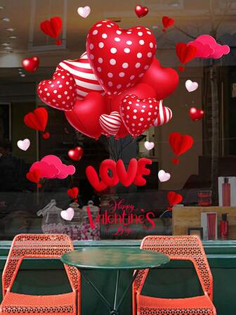 1pc Valentine's Day Heart Balloon & Cloud Window Clings - Cute Red And Pink Heart Stickers With "LOVE" Text For Home, Car, And Party Decorations, Festive Window Stickers