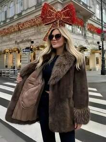 2025冬季新款人造毛领仿皮草外套，复古宽松长袖女式人造皮草夹克 - 咖啡棕 - 查看 4