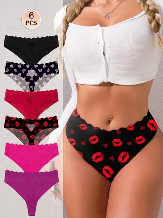 6 件女士性感可爱镂空爱心形性感丁字裤，粉色弹力内裤，女士内衣和内裤
