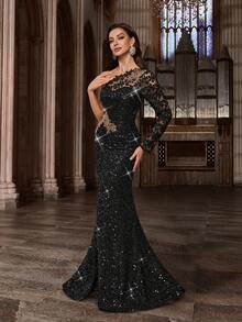 Đầm maxi dài tay đính sequin, cổ lệch, xẻ cao, màu đen, thích hợp cho đám cưới, mùa xuân. - màu đen - Xem 5