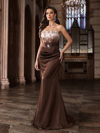 QOQ Snygg Dam Het Drill Formell Klänning Exklusiv Strass Diamantutsmyckning Aftonklänning För Välgörenhet Bal, Middag, Galor, Homecoming Gradient Färg Ärmlös Rygglös Smal Maxi Lång Klänningar