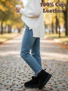 Casual Minimalist Solid Color Thick Sole Warm Women Ankle Boots 100% Leather - Black - View 2