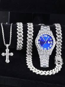 4pcs/Set Hip-Hop Fashion Cuban Bracelet Necklace Set With Quartz Watch And King Pendant Necklace, Men's Jewelry Set, Rapper's Jewelry,Perfect Gift For Dad, Boyfriend, Brother - A - View 9