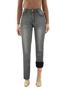 Calças legging femininas de inverno em denim elástico com forro térmico, confortáveis e quentes, ideais para atividades ao ar livre e para o Natal. - Cinza médio - Ver 4