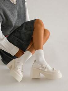 SRSOO Pantofi Mary Jane albi noi, cu toc gros și gros, cu vârf rotund și talpă groasă, stil retro francez, casual, pentru femei, de vară - alb - Vizualizare 9