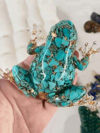 Bohochic helande turkos kristallhartsgrodornament (med guldfolie) | Handgjord minimalistisk bordsdekor