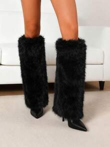 Furry Fluffy Knee High Boots For Women Faux Fur Winter Snow Boots Pointed Toe Stiletto High Heels Sexy Warm Shoes Christmas Party - Đen A - Xem 2