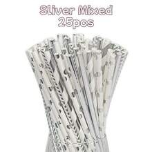 100pcs/25pcs Silver & White Disposable Paper Straws, Suitable For Wedding, Party, Bar, Beach And Other Occasions