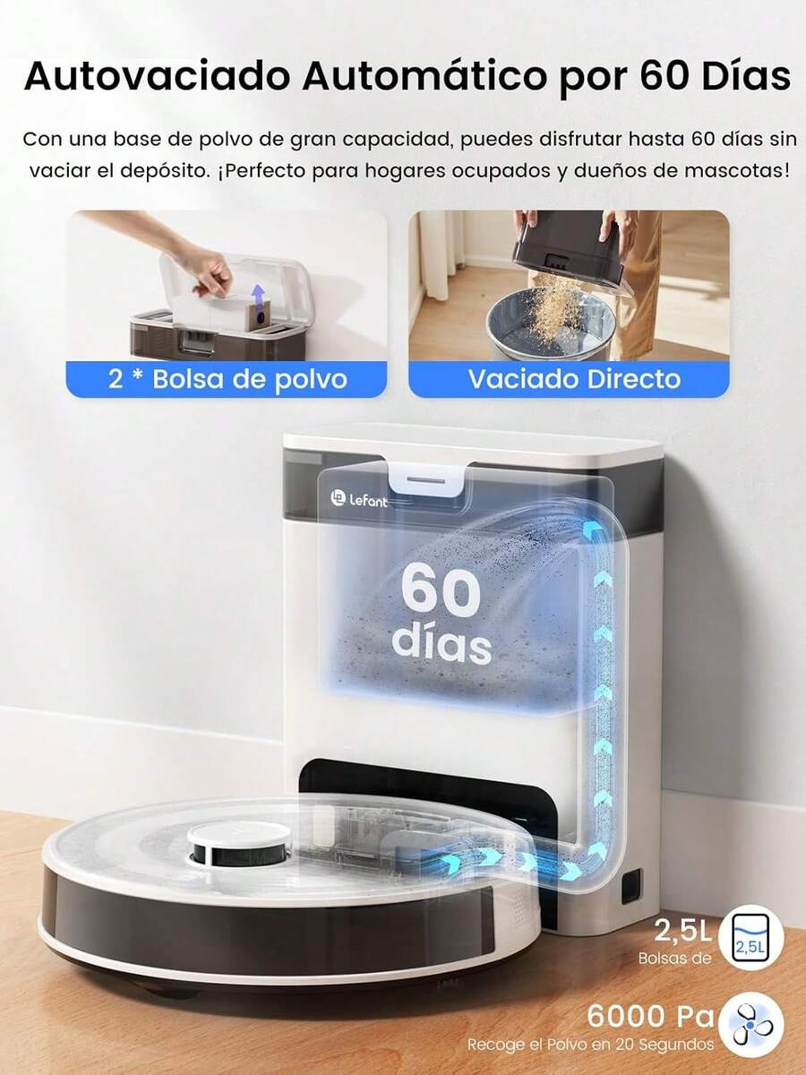 LEFANT M2Pro Robot aspiradora y trapeador,6000Pa de succión, Vaciado automático 60 días,navegación láser, 140 min de autonomía, WiFi/Alexa/App/,Smart PreciSense Obstacle Navigation - M3 - Ver 1
