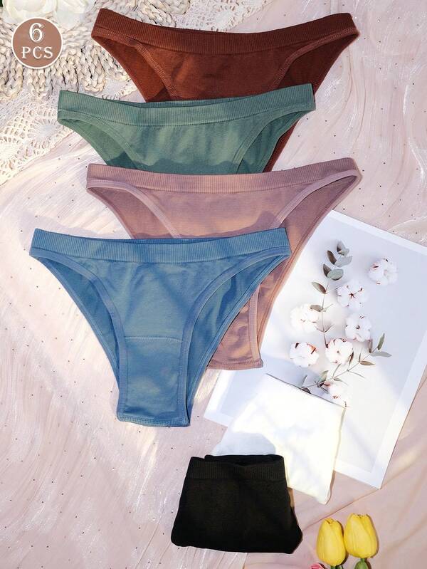 6 Peças de Calcinhas Femininas - Calcinha Feminina Macia e Elástica para Máximo Conforto! - Cores Sólidas Variadas