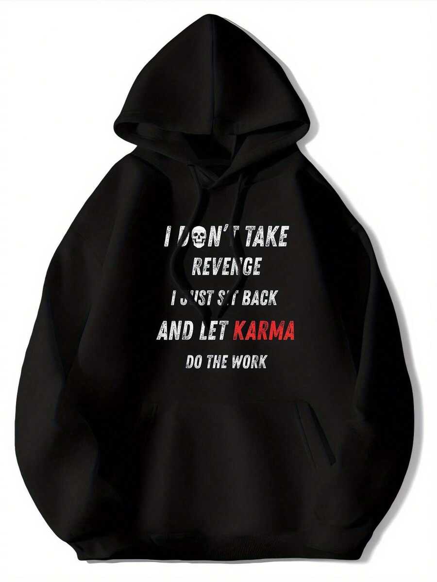 Funny "I Don't Take Revenge I Just Let For KARMA Do The Work" Hoodie - Oversized Black Pullover Sweatshirt With White & Red Slogan Print, Soft Fleece Unisex Streetwear For Men & Women, All-Season Casual Wear, Funny Gift For Friends & Family - For KARMA Design (For KARMA Logo Graphic) - Long Sleeve Hooded Sweatshirt With Front Pocket, Relaxed Fit, Humorous Slogan, Perfect For Everyday Streetwear, Ideal For Gifting, Comfortable Fleece Material, Bold Statement Piece - 黑色 - 查看 1