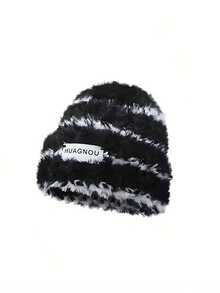 1pc Versatile Fuzzy Striped Bucket Hat, Women Winter Knitted Beanie Cap, Thick Warm Ear Protection Fluffy Bucket Hat - Black - View 11