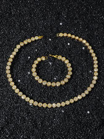1 Set 8mm Wide Women's Round Diamond Mosaic Chain Necklace And Bracelet Set, Hip-Hop Style