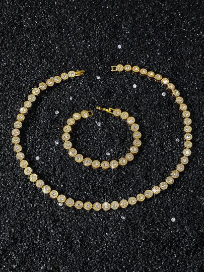 1 Set 8mm Wide Women's Round Diamond Mosaic Chain Necklace And Bracelet Set, Hip-Hop Style
