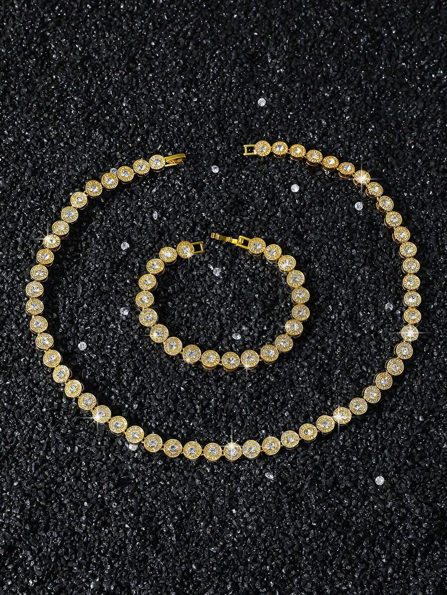 1 Set 8mm Wide Women's Round Diamond Mosaic Chain Necklace And Bracelet Set, Hip-Hop Style - A - View 1
